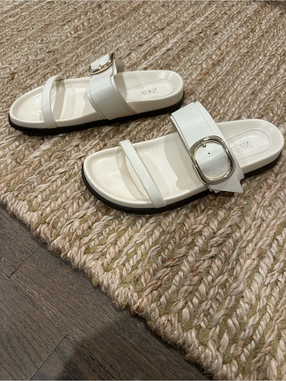 Zara White Double-Strap Slide Sandals with Silver Buckle, 38